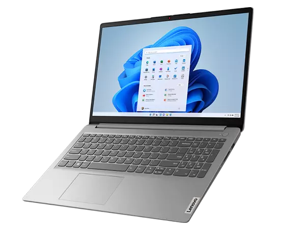 IdeaPad 1 (7.ª geração) de 15'' (38,1 cm, AMD): inclinado e aberto, vista frontal virado para a esquerda, ecrã inicial do Windows 11