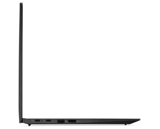 Profil gauche du portable Lenovo ThinkPad X1 Carbon 10e génération ouvert à 90 degrés.