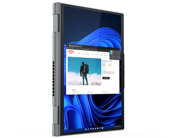 Lenovo ThinkPad X1 Yoga Gen 7 2-in-1-Notebook im Tablet-Modus, vertikal positioniert mit Blick auf das Display mit Windows 11 Pro.