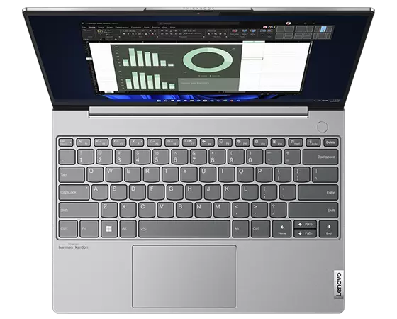 Direct overhead view of an Arctic Grey ThinkBook 13x Gen 2 laptop, open 110 degrees to reveal the extra-wide keyboard.