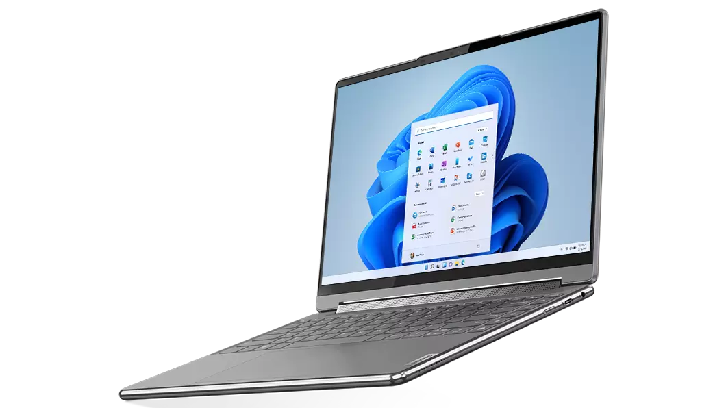Yoga 9i Gen 7 in Storm Grey, in laptop mode, front facing left