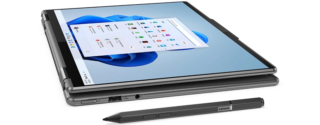 Lenovo Yoga 7i Gen 7 (14” Intel) 2-in-1, in tablet mode, with optional Lenovo pen.