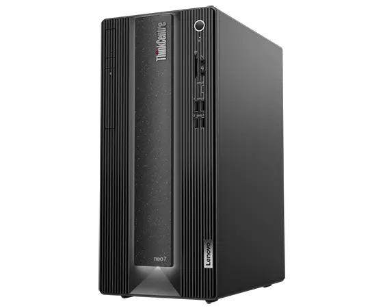 Front facing Lenovo ThinkCentre Neo 70t tower angled to show right side.