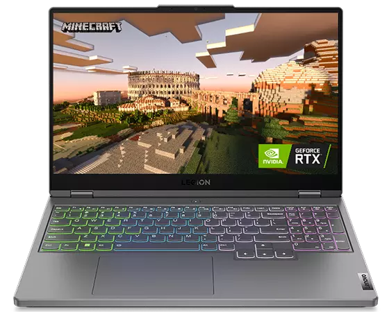 Imagen frontal de la laptop para juegos Lenovo Legion 5i 7ma Gen (15.6”, Intel) en color Storm Grey con la insignia de NVIDIA® GeForce RTX™; la retroiluminación del teclado es opcional