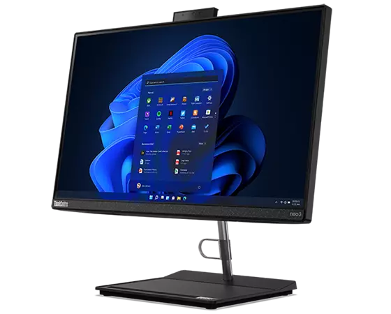 Front facing Lenovo ThinkCentre Neo 30a (22” Intel) angled to show right side, Display with Windows 11, and stand