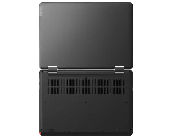 Overhead shot of the backside of the Lenovo 13w Yoga 2-in-1 open 180 degrees showing hinges and vents.  