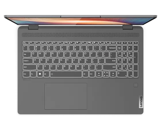 Lenovo IdeaPad Flex 5 Gen 7 (16” AMD) 2-in-1 laptop—overhead view of keyboard, laptop mode, lid open