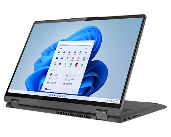 Angle view of the 16” IdeaPad Flex 5i in presentation mode, with an OS panel against a swirling blue shape on the display