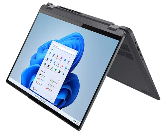 Angle view of the 16” IdeaPad Flex 5i in tent mode, with an OS panel against a swirling blue shape on the display