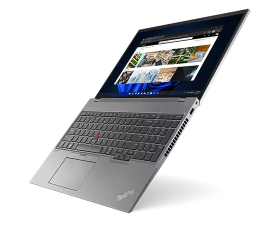 Right-side view of ThinkPad T16 Gen 1 (16” AMD) laptop, opened 180 degrees, angled vertically, from top to toe