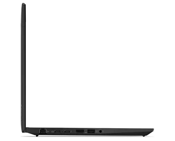 Left-side view of ThinkPad T14 Gen 3 (14 AMD), opened at 90 degrees. showing thin edge of display and keyboard.