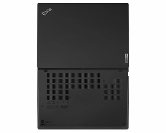 Aerial view of ThinkPad T14 Gen 3 (14 Intel), opened 18 degrees ,laid flat showing front and rear covers
