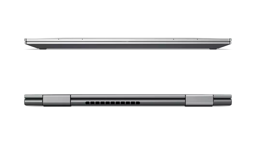 Vues avant et arrière du Lenovo ThinkPad X1 Yoga convertible, montrant l’intégration complète des charnières à 360°.