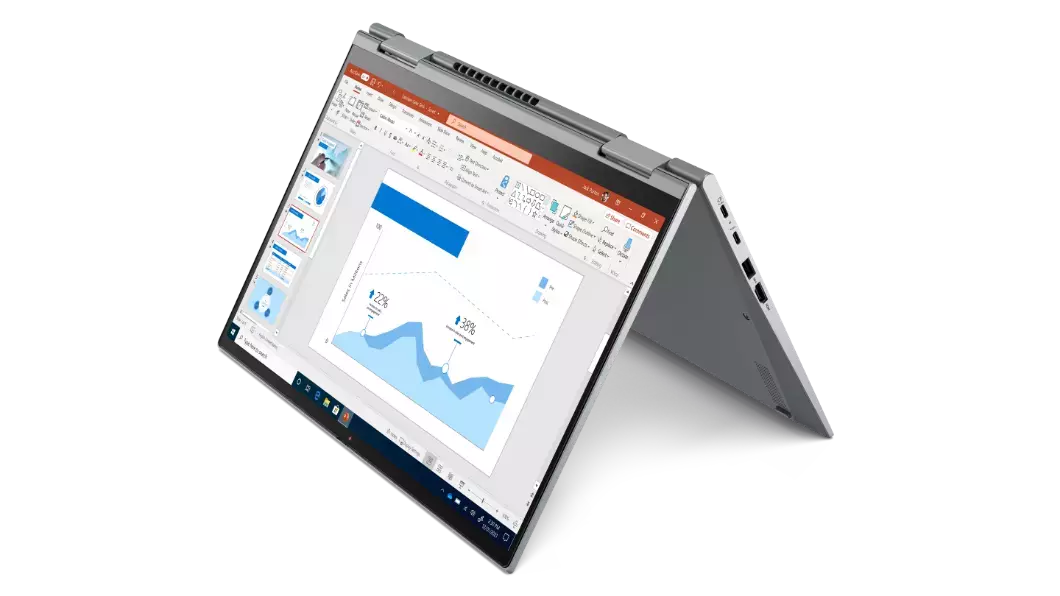 Vista angolare del notebook 2-in-1 Lenovo ThinkPad X1 Yoga di sesta generazione in modalità tent, con porte sul lato sinistro.