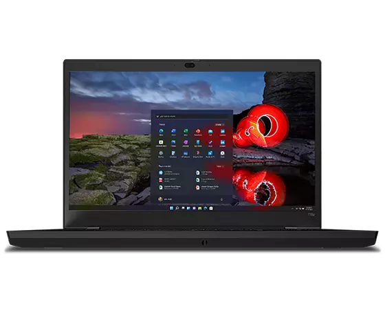 Vorderansicht der mobilen Workstation Lenovo ThinkPad T15p Gen 2 mit Windows Startbildschirm und Lenovo Vantage auf dem Display.