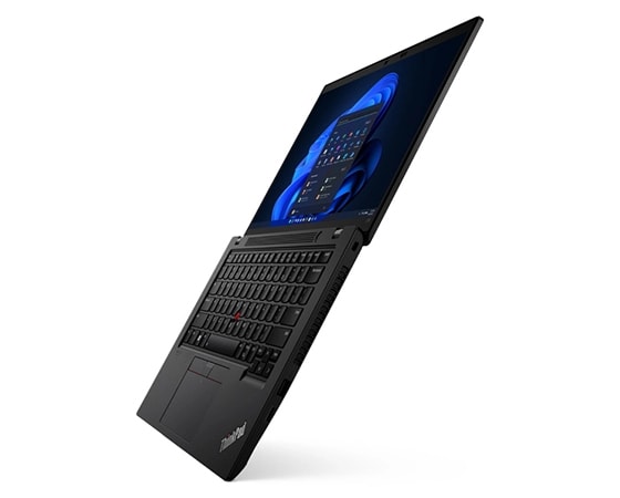 Left side view of Lenovo ThinkPad L14 Gen 3 (14'' AMD), opened 180 degrees, showing display, keyboard, and ports