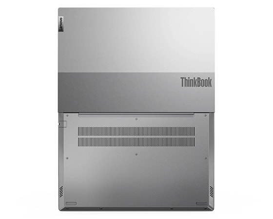 Vue du dessous du Lenovo ThinkBook 14 Gen 4 (Intel) à plat, montrant la couleur argent bicolore et les fentes d'aération du dessous
