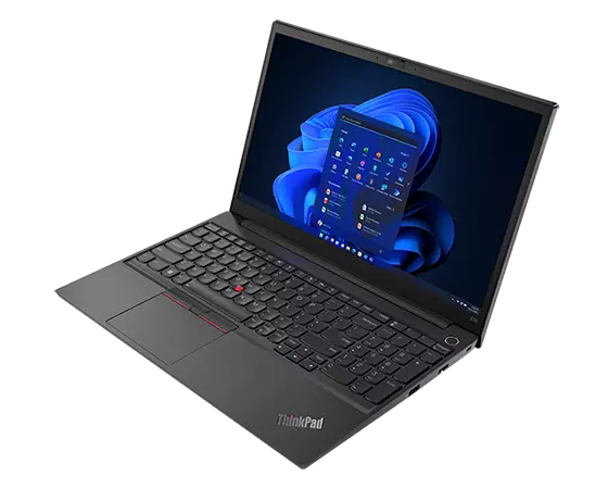 Right side view of Lenovo ThinkPad E15 Gen 4 (15” AMD) laptop, opened, showing display, keyboard, and optional Versa Tray