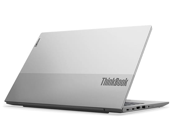 Vista posterior del lateral izquierdo del portátil ThinkBook 14 de 4.ª generación [35,56 cm (14"), AMD] visible tres cuartos y con la tapa parcialmente abierta