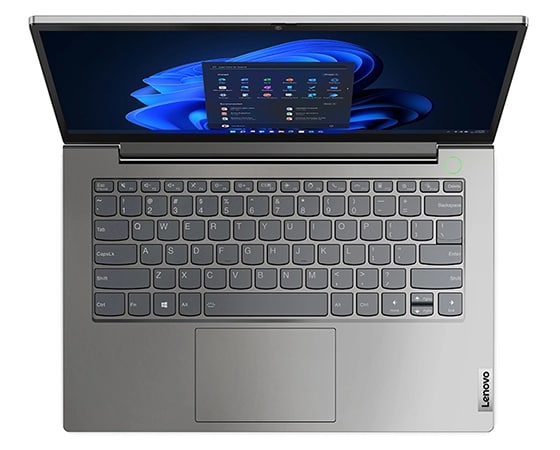 Vista superior del portátil Lenovo ThinkBook 14 de 4.ª generación [35,56 cm (14"), AMD] con la tapa abierta