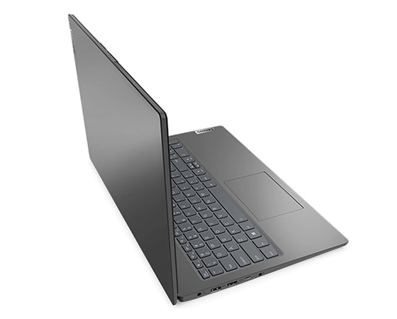 Vista laterale sinistra del notebook Lenovo V15 di terza generazione (15" AMD) aperto, che mostra il coperchio anteriore e parte della tastiera