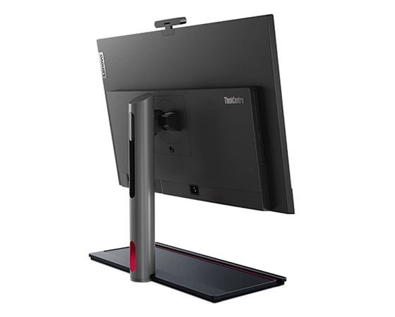 Rear side view from the right of ThinkCentre M90a Gen 3 AIO on Full Function Monitor Stand, showing rear panel and ports