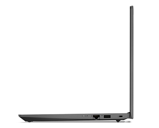 Right side profile of Lenovo V14 Gen 3 (14'' AMD) laptop, opened, showing edge of display & keyboard, & ports.