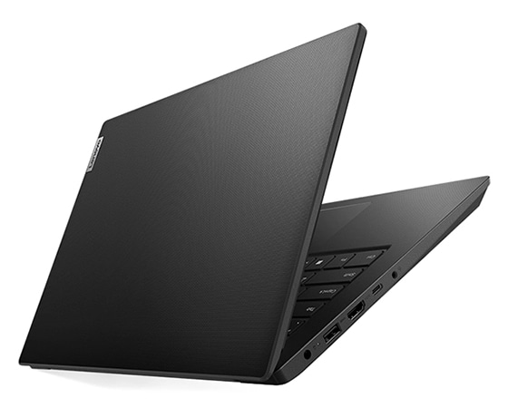 Left side view of Lenovo V14 Gen 3 (14'' AMD) laptop, opened slightly in a V-shape, showing front cover and part of keyboard.