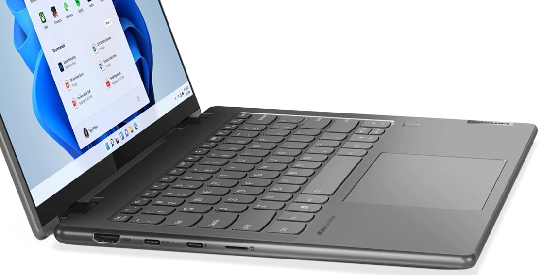 Left-side view of Lenovo Yoga 7i Gen 7 (14” Intel) 2-in-1, in laptop mode, showing keyboard.