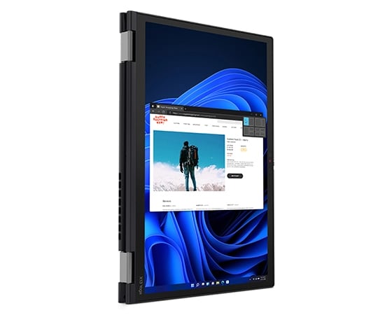 Vue latérale gauche du ThinkPad X13 Yoga Gen 3 (Intel 13 »), ouvert entièrement en mode tablette, se tenait à la verticale, montrant l’affichage