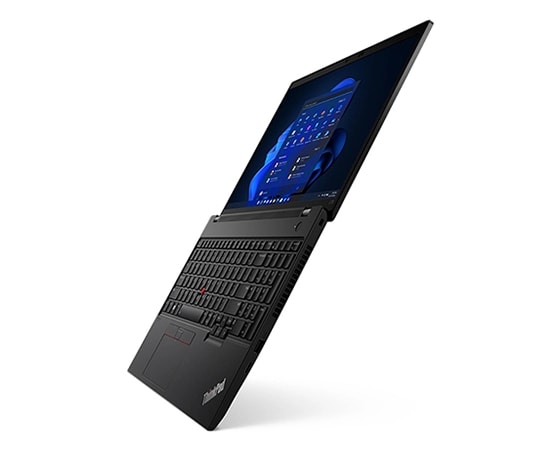 Floating Lenovo ThinkPad L15 Gen 3 laptop open 180 degrees, angled to show right-side ports.