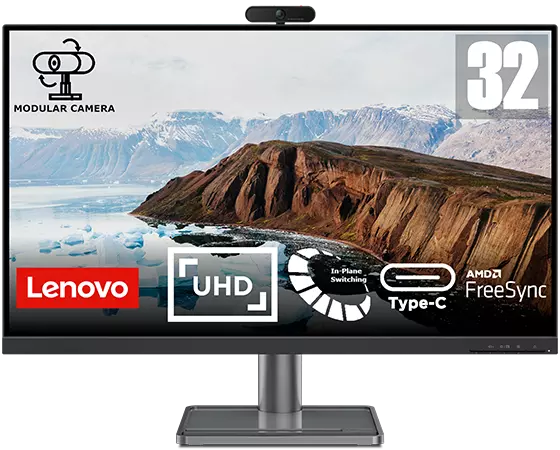 Lenovo L32p-30 32 4K UHD Monitor (IPS, 60Hz 4ms, HDMI DP, USB-C, FreeSync,  Webcam and Speakers, Tilt)