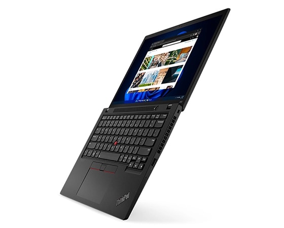 Left side profile of ThinkPad X13 Gen 3 (13'' Intel), opened 180 degrees, slanted vertically, showing display and keyboard