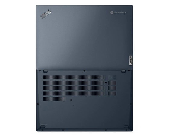 Aerial view of ThinkPad C14 Chromebook Enterprise, opened 180 degrees flat, showing top and rear cover.