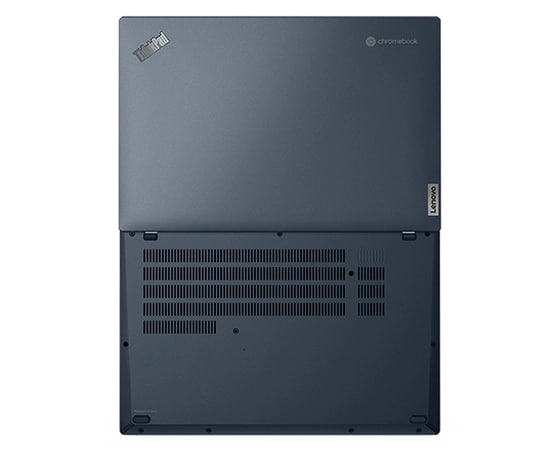 Bovenaanzicht van ThinkPad C14 Chromebook Enterprise, 180 graden plat opengeklapt, met bovenklep en achterklep