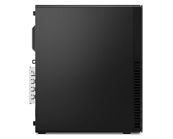 Left side profile of Lenovo ThinkCentre M90s Gen 3 (Intel) small form factor desktop PC, stood vertically, showing side panel
