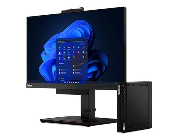 Seitenansicht eines Lenovo Monitors, eines ThinkCentre Tiny-in-One und eines ThinkCentre M70q Gen 3 Tiny (Intel)