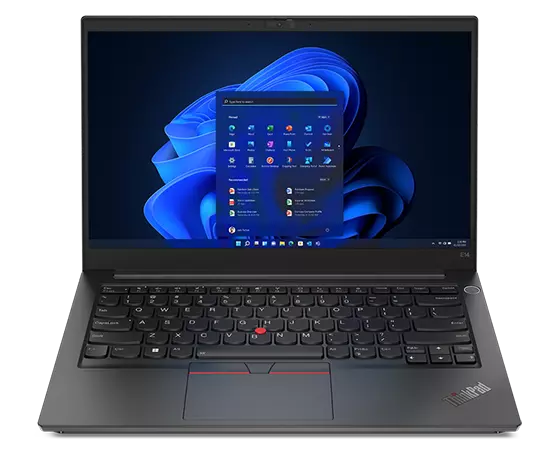 Naar voren gerichte ThinkPad E14 Gen 4 zakelijke laptop, 90 graden geopend, toont toetsenbord en scherm met Windows 11
