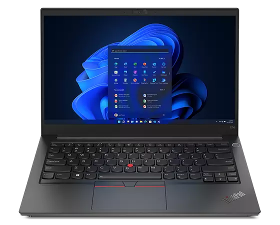 Front facing ThinkPad E14 Gen 4 business laptop, opened 90 degrees, showing keyboard and display with Windows 11