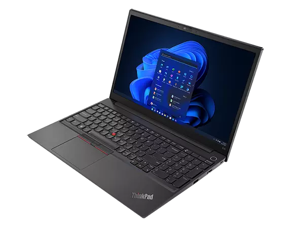 Front facing ThinkPad E14 Gen 4 business laptop, angled slightly to the right, opened 90 degrees, showing keyboard, ports, optional earphone tray, and display with Windows 11