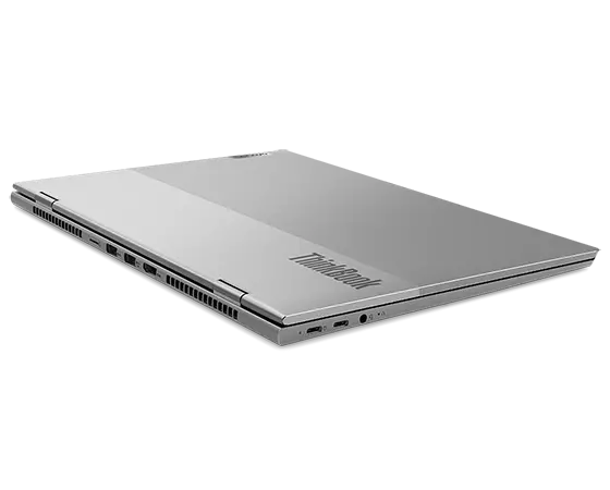 Rear facing view of ThinkBook 14p Gen 3 (14&quot; AMD) laptop, closed, at a slight angle, showing top cover, hinges, and ports