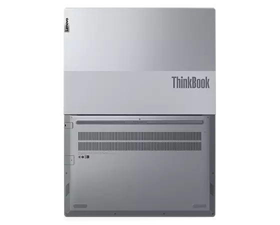Bottom side of Lenovo ThinkBook 16 Gen 4 laptop open 180 degrees.