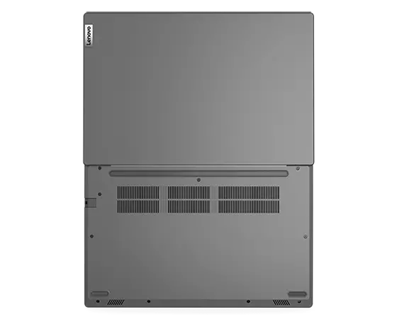 Vue de dessus du portable Lenovo V14 Gen 3 (14" Intel), ouvert à 180 degrés à plat, montrant le cache arrière et le capot supérieur