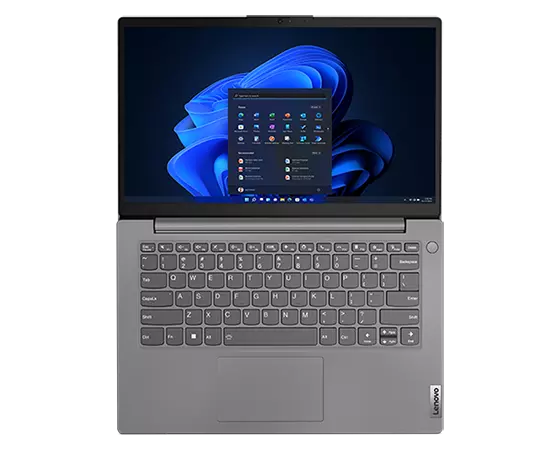 Bovenaanzicht van Lenovo V14 Gen 3 (14-inch Intel) laptop, 180 graden geopend, plat liggend, met toetsenbord en scherm met Windows 11