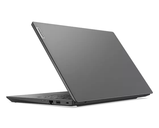 Zijaanzicht vanaf rechtsachter van een Lenovo V14 Gen 3 (14-inch Intel) laptop, 45 graden geopend met bovenkant en deel van toetsenbord zichtbaar