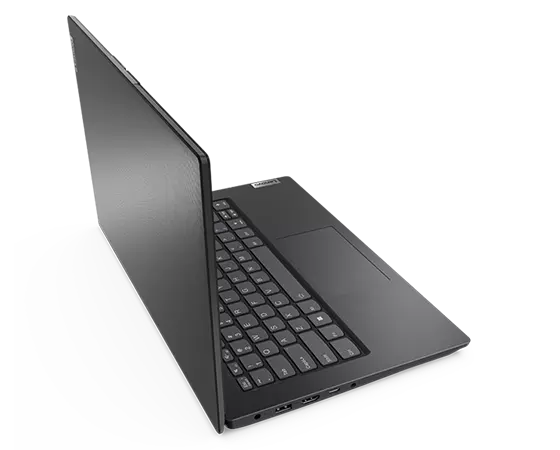 Achteraanzicht van bovenaf van een Lenovo V14 Gen 3 (14-inch Intel) laptop, 90 graden geopend met bovenkant en deel van toetsenbord zichtbaar
