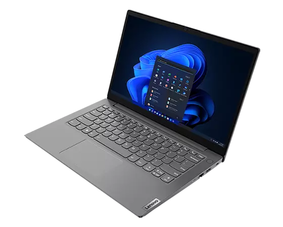 Rechteraanzicht van bovenaf van Lenovo V14 Gen 3 (14-inch Intel) laptop, 90 graden geopend in een kleine hoek, met toetsenbord en scherm met Windows 11