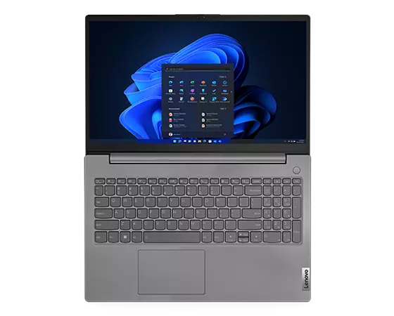 Aerial view of Lenovo V15 Gen 3 (15'' Intel) laptop, opened flat 180 degrees, showing keyboard and display with Windows 11.