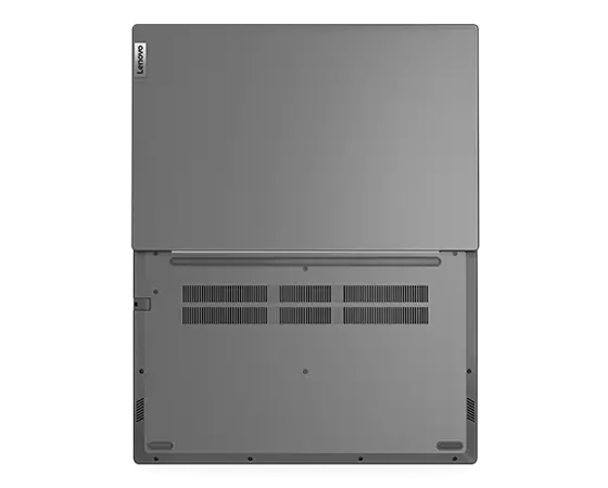 Vista aérea del portátil Lenovo V15 de 3.ª generación [38,1 cm (15''), Intel], abierto en posición plana a 180 grados, con las cubiertas superior y trasera visibles
