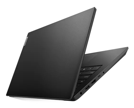 Achteraanzicht van Lenovo V14 Gen 3 (14-inch Intel) laptop, geopend op 45 graden in een V-vorm, met bovenkant, deel van toetsenbord en poorten zichtbaar
